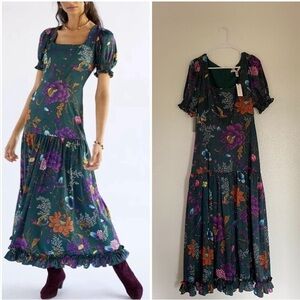 New Anthropologie Green Teal Floral Hutch Puff-Sleeved Maxi Dress , Size 8